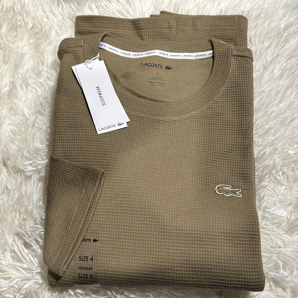 🐊Lacoste NWT Men's Waffle Knit Lounge light brown Crew Neck Shirt MSRP$60.